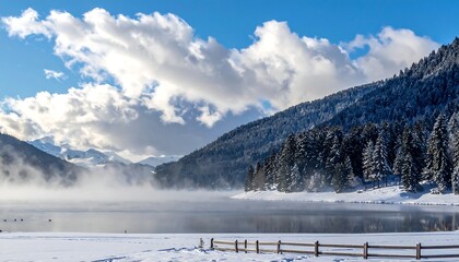 Scenic winter landscape with snowy mountains, lake, and evergreens