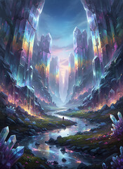 Fototapeta premium Magical valley of crystals with flowing river, inspiring fantasy landscape art