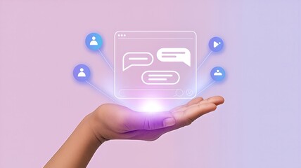 A stylized illustration depicts a hand holding a glowing interface with chat bubbles, representing digital communication and the concept of AI-powered messaging systems.
