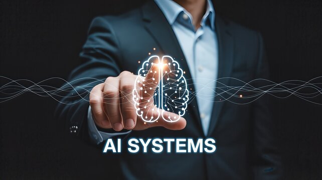 A businessman in a suit touches a glowing digital brain icon, signifying engagement with artificial intelligence systems and technological advancement.