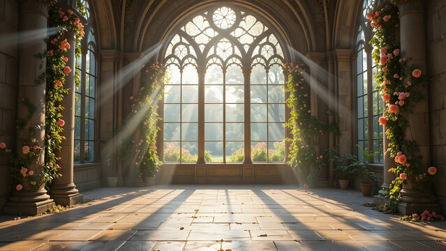 Sunlight rays shining through ornate gothic cathedral window, interior with climbing roses, majestic space