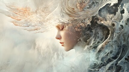A woman's profile is surrounded by swirling, abstract white and gray shapes, suggestive of clouds or smoke.
