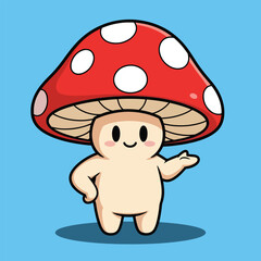 Adorable cartoon mushroom character with a red spotted cap and friendly face.