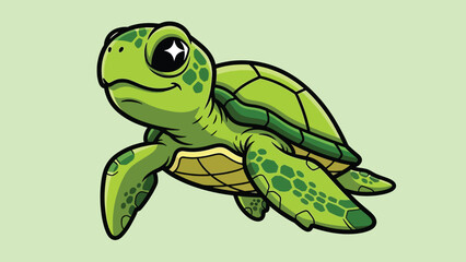 Adorable green baby sea turtle cartoon illustration with big shiny eyes.