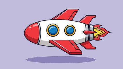 Cartoon rocket flying with red fins and fiery engine.