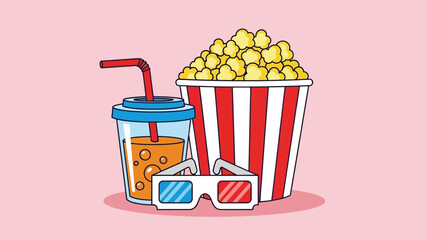 Cartoon cinema snacks popcorn soda drink and 3D glasses.