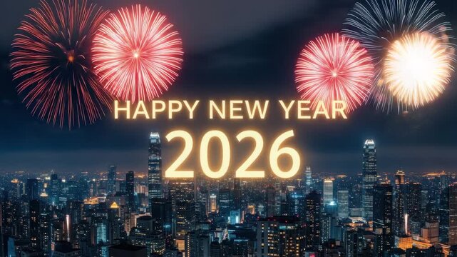 Glowing Happy New Year 2026 text overlayed on a vibrant cityscape at night with a single firework