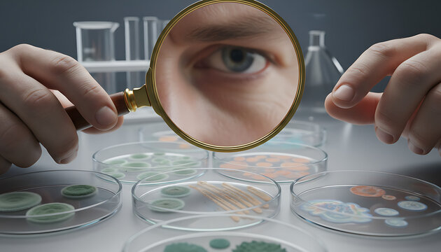 Scientist intently examining bacterial cultures with magnifying glass for research