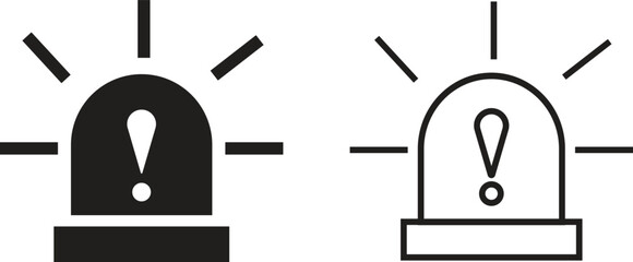 Emergency siren alarm icon set. Flashing warning light symbols in flat and outline styles, ideal for safety alerts, emergency notifications, security diagrams, professional and hazard response.