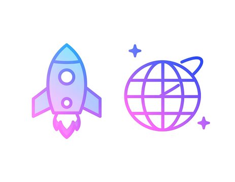 Two icons, a rocketship launching and a globe with a line orbiting it, rendered in a colorful gradient over a white background - Powered by Adobe