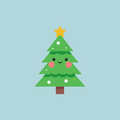 Cute kawaii christmas tree with smiling face and star