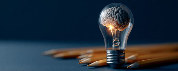 Brainstorming - Light Bulb with Brain Inside and Pencils on Table.