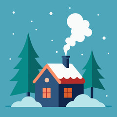 Fototapeta premium Cozy winter cabin with snow falling and smoke from chimney