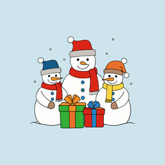 Three cheerful snowmen with gifts on a light blue background