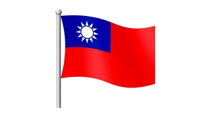 Digitally created illustration of a waving flag with a blue canton and a red field; a white sun with rays is featured