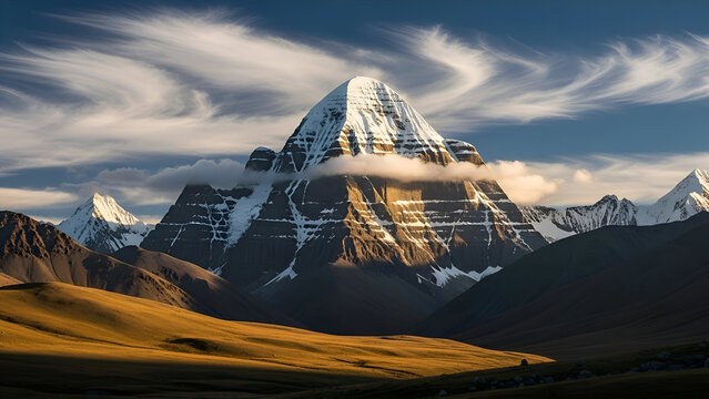 Kailash Parvat majestic snow mountain landscape showing sacred peak glowing in warm sunlight surrounded by clear sky flowing clouds golden valley serene atmosphere spiritual presence natural beauty 