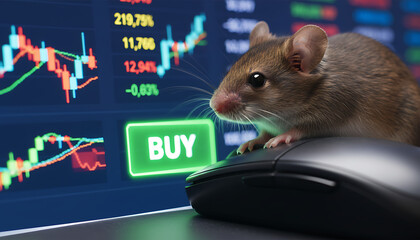 Cute mouse making stock market decisions using computer mouse on buy screen