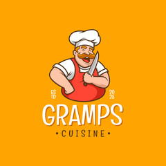 Cheerful Chef Mascot Holding Knife Vector Logo