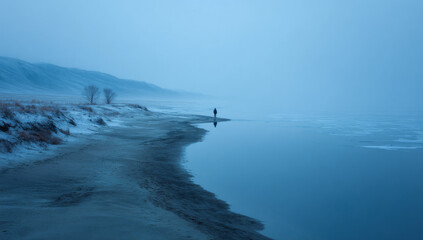 Solitary Figure by the Waters Edge in Misty Landscape.
