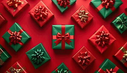 Festive arrangement of red and green gift boxes with colorful bows on a red background.