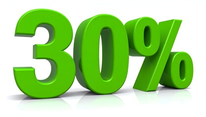 Bright green 3D numerals spelling "30%" with the percentage sign, casting a shadow