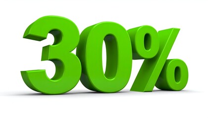 Bright green 3D rendered "30%" against a white background, representing a discount