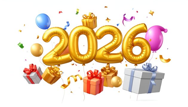 Bright, celebratory 2026 balloon letters with gifts and confetti on a white background