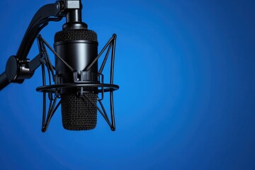 A black microphone with a mesh grille and a pop filter is suspended from a stand against a blue background.