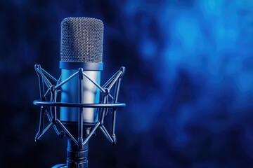 A vibrant blue and black microphone stands against a backdrop of a deep blue gradient, capturing the essence of a recording studio.