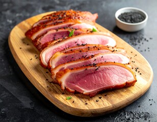 Sliced cooked duck breast presented on a wooden cutting board