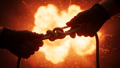 Gloved hands pulling rope with carabiner against a powerful explosion event