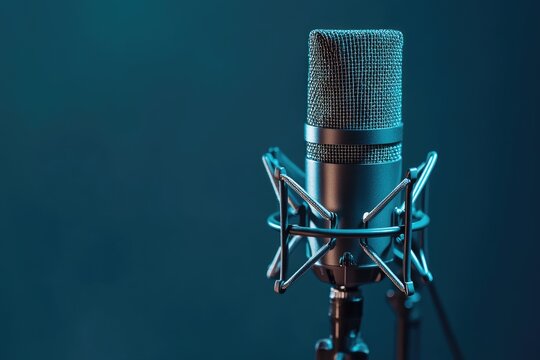 A sleek silver microphone with a mesh grille stands on a black stand against a dark blue background.