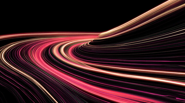 Swirling abstract lines of light on a dark background, symbolizing motion, energy, futuristic design, technology, speed, and dynamic visual flow in modern, high-tech digital concepts.
