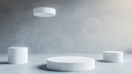 Floating white geometric shapes on gray background.