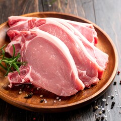 Sliced raw pork chops presented on a wooden plate