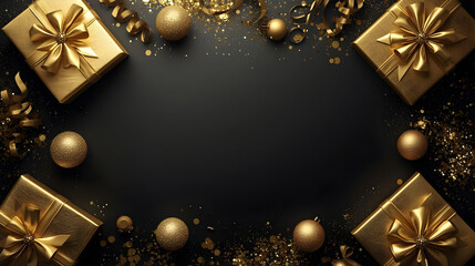 Luxury New Year Flat Lay with Dark Black Background and Gold Decorations