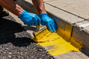 Worker in blue gloves painting curb yellow for no-parking zone and road safety, applying thick street paint on asphalt with a wide brush on a sunny day
