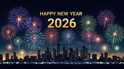 Happy New Year 2026 cityscape fireworks celebration vibrant night sky urban skyline festive - Powered by Adobe
