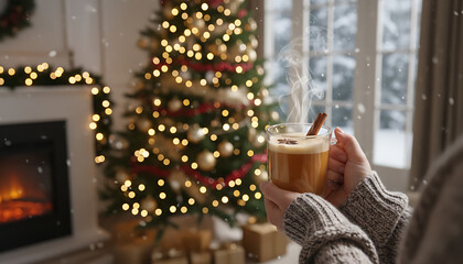 Enjoying spiced holiday drink by cozy fireplace and Christmas tree lights