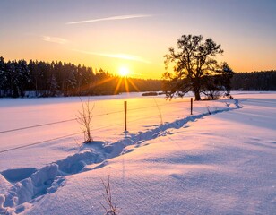 Snow-covered landscape at sunset with a solitary tree
