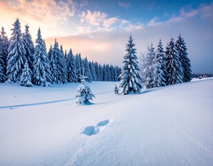Snow-covered forest scene at sunrise with footprints in the foreground