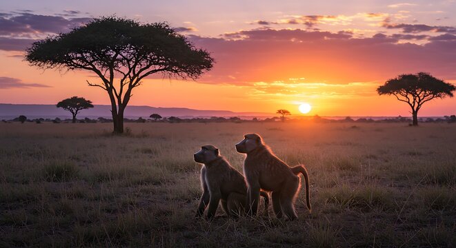 Two baboons silhouetted against a vibrant African sunset with acacia trees. - Powered by Adobe