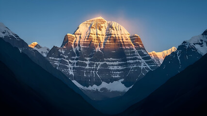 Kailash Parvat majestic mountain landscape showing sacred snow peak glowing in warm sunlight surrounded by deep valleys serene atmosphere spiritual presence natural beauty cultural significance under 
