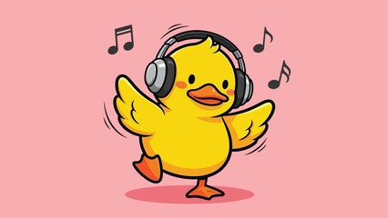 Cute cartoon yellow duck dancing happily with headphones and musical notes.
