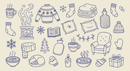 Hand drawn doodle collection of cozy winter essentials depicting warmth and comfort with hot beverages fireplace comfy clothing and snug home items for a festive season