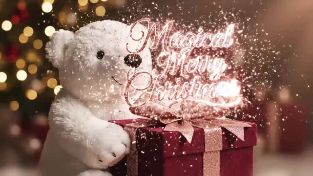 soft snow cotton polar bear plush hugging a rose gold bow tied gift as  shimmer particles swirl up and magical merry christmas appears in glowing  script