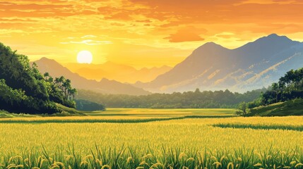 Golden sunset over vast rice paddy field and mountain range. (2)
