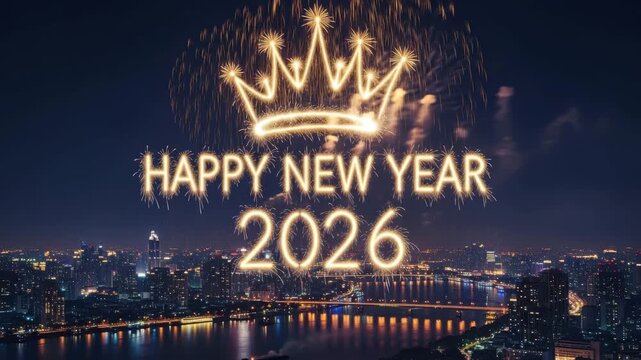 Spectacular golden fireworks illuminate a modern city skyline at night celebrating happy new year