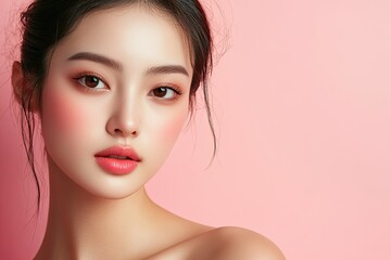 Fototapeta premium A young woman with long black hair and a pink dress is standing in front of a pink background. She is looking at the camera with a serious expression.