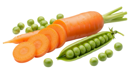 Carrot cuts and edamame, white background isolated